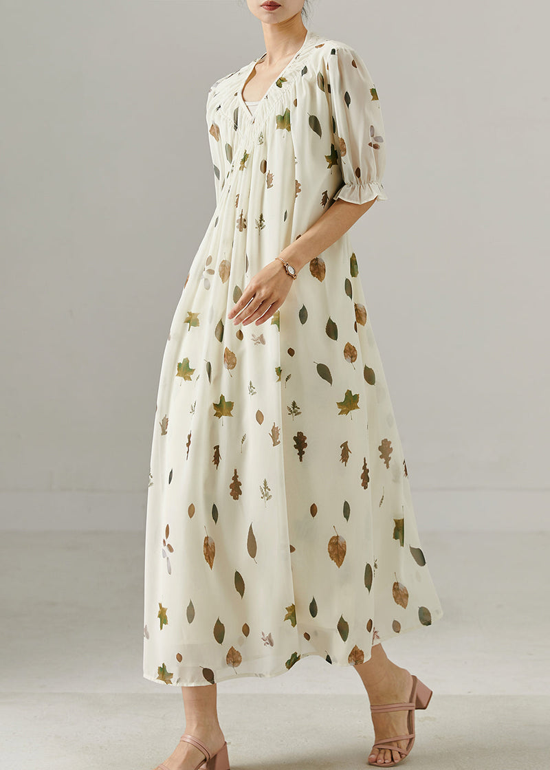 White V Neck Print Chiffon Maxi Dress Summer