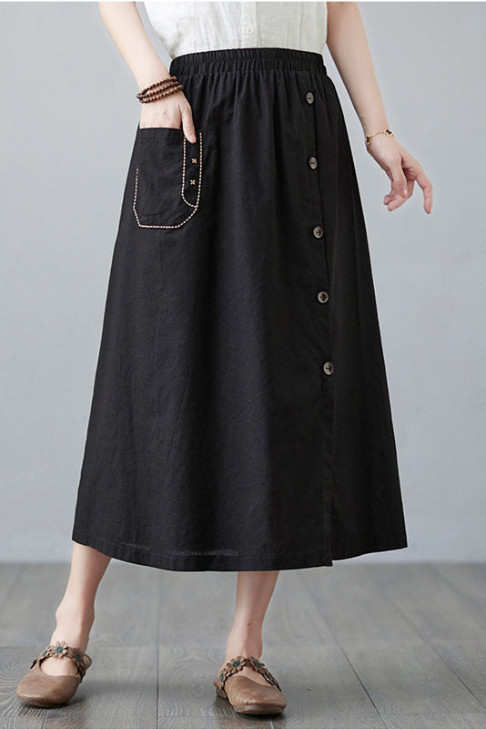 -cotton Linen Embroidered Pocket Skirt