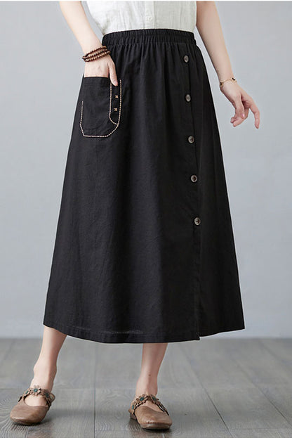 -cotton Linen Embroidered Pocket Skirt