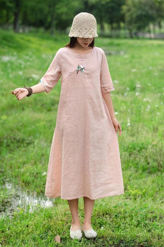 Summer Round Neck Cotton Linen Dress Print Short Sleeve Long Dress