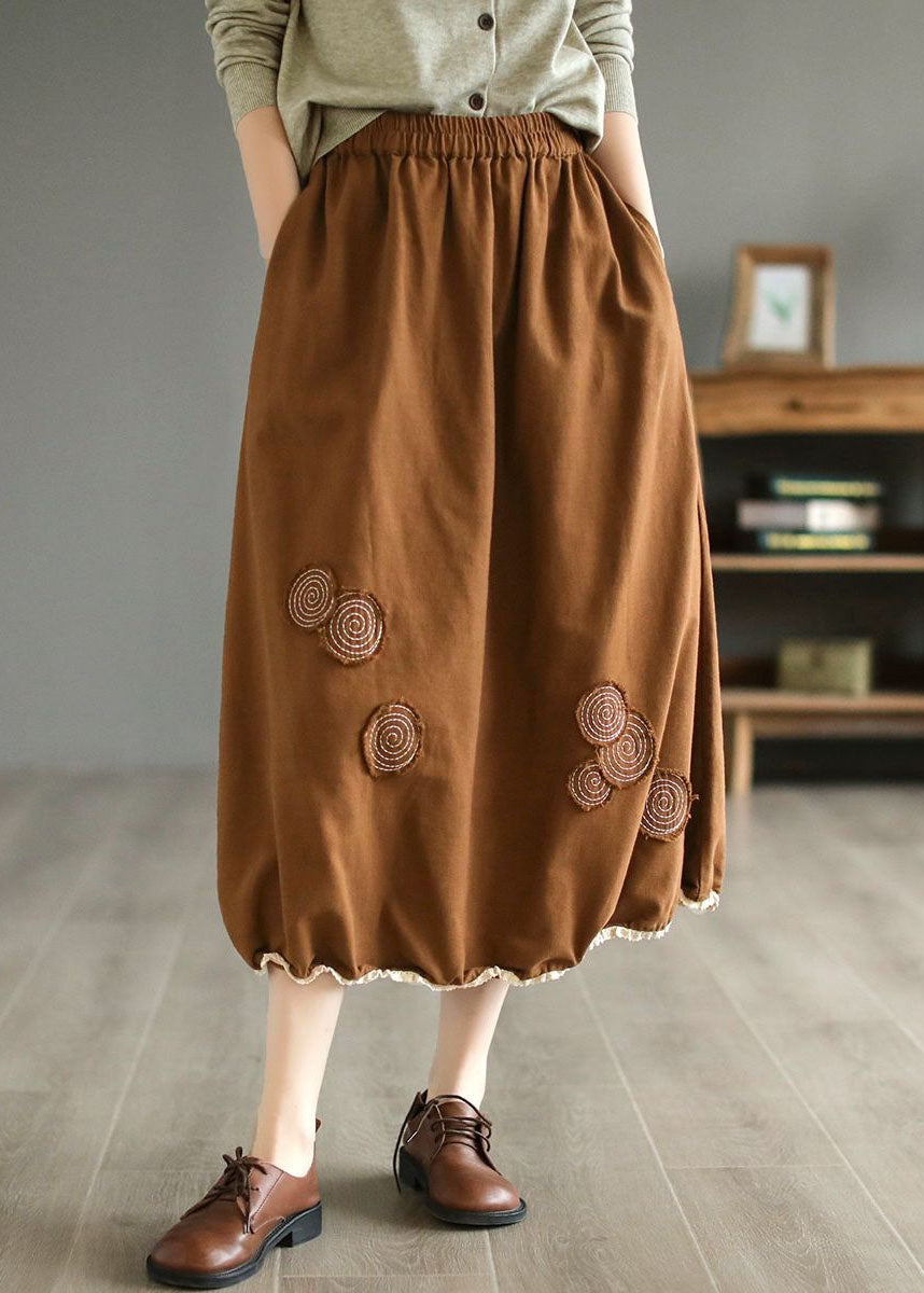 Coffee Pockets Patchwork Cotton Skirts Wrinkled Embroidered Spring