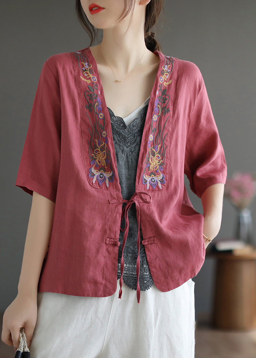 Red V Neck Embroidered Tie Waist Linen Top Short Sleeve