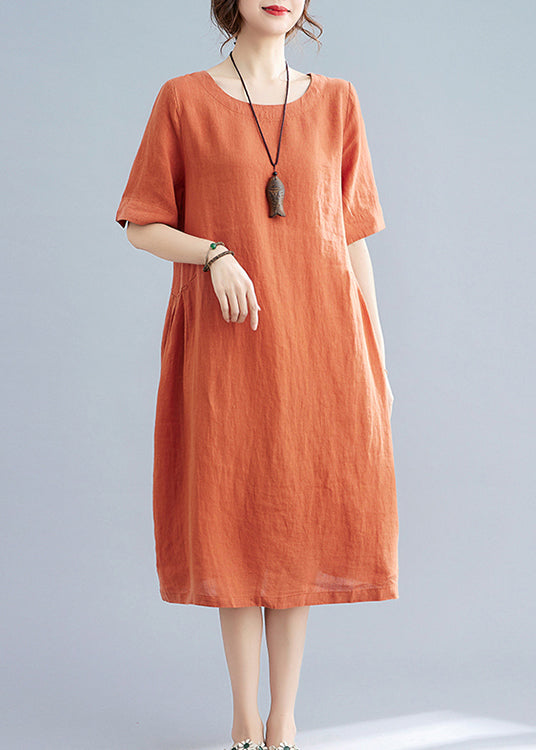 Orange O-neck Linen Dresses Short Sleeve