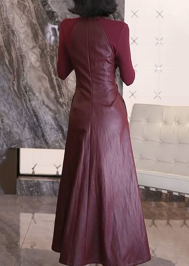 Mulberry V Neck Patchwork Faux Leather Dresses Fall