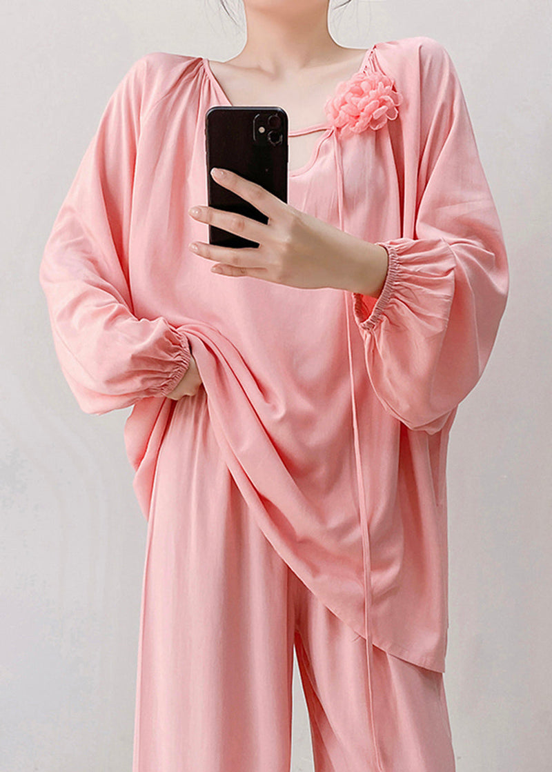 Loose Pink V Neck Cotton Pajamas Two Piece Set Fall
