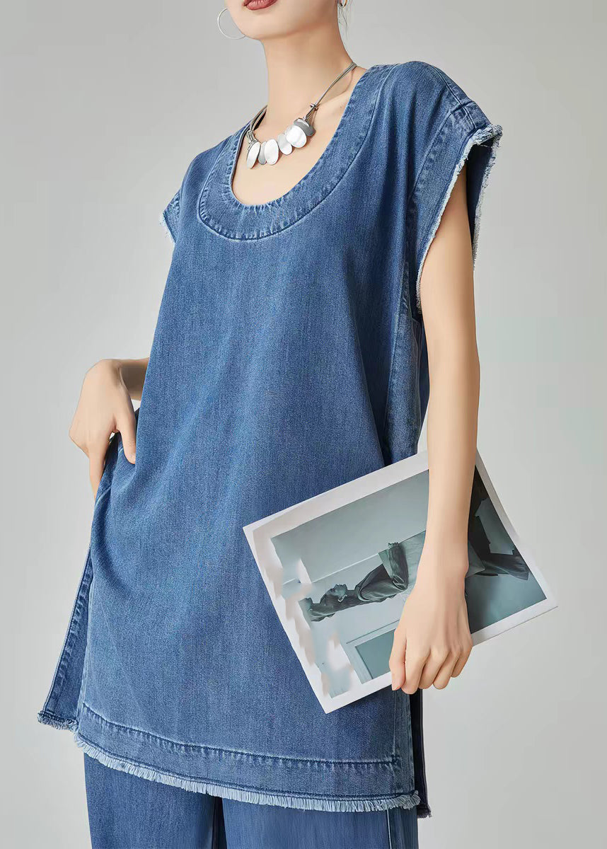 Blue O-neck Patchwork Denim T Shirt Dress and Jeans Two Piece Set Summer
