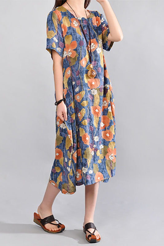 Summer Cotton Linen Dress Short Sleeve Linen Long Dress