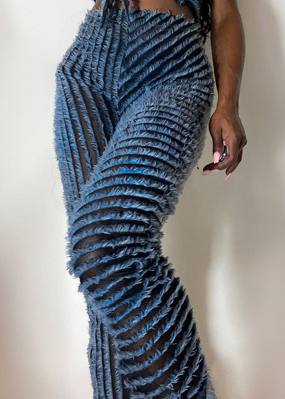 Blue Striped Fluffy High Waist Knit Flared Trousers Spring