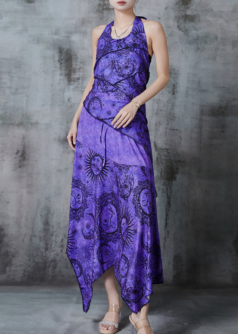 Purple Asymmetrical Print Cotton Halter Dress Summer
