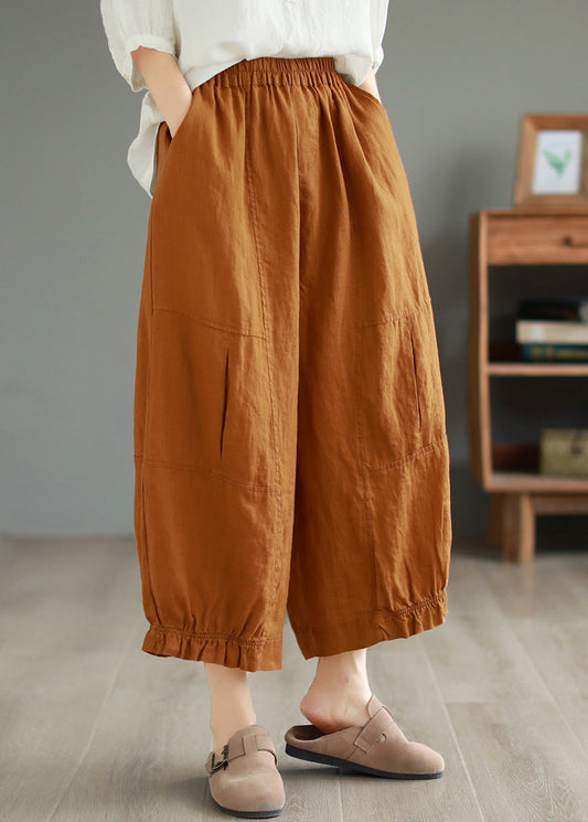 Diy Orange Ruffled Pockets Patchwork Linen Wide Leg Pants Summer