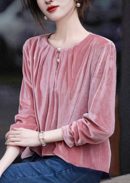 French Pink O Neck Wrinkled Velour Top Fall