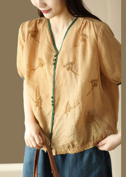 Yellow V Neck Embroidered Patchwork Linen Top Summer