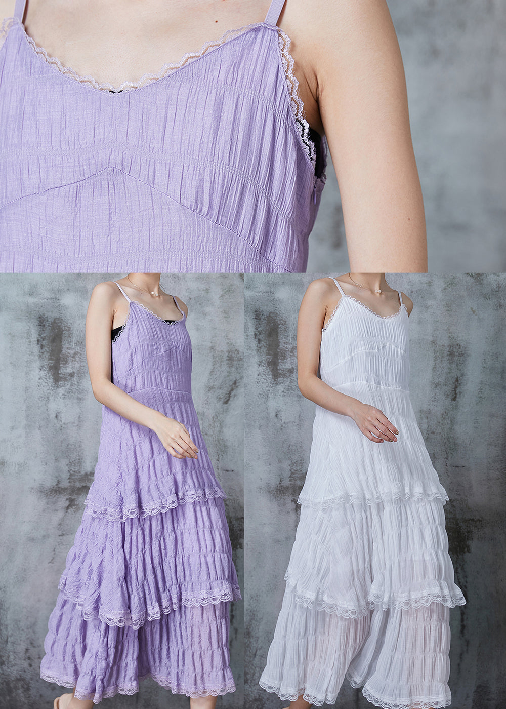Lavender Wrinkled Patchwork Lace Cotton Sundress Summer