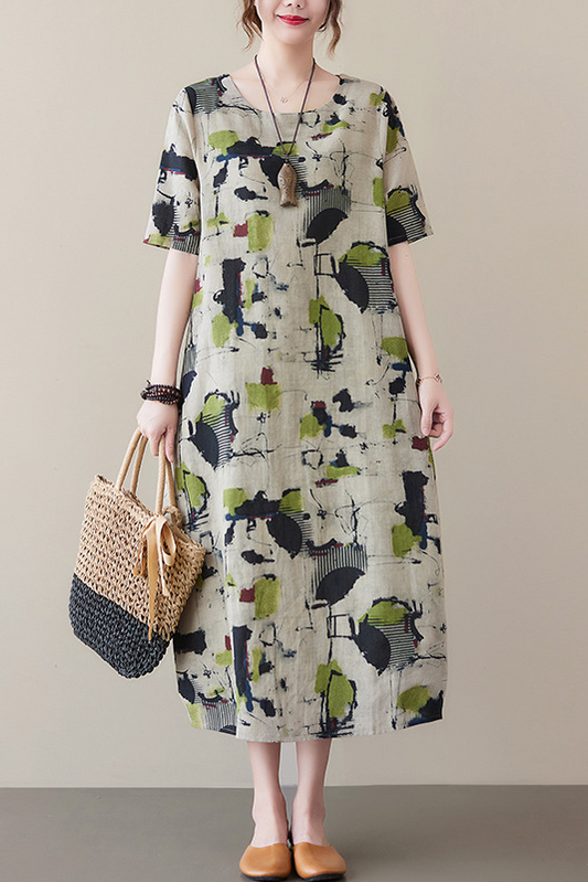 -summer Cotton Linen Long Dress Print Short Sleeve Dress