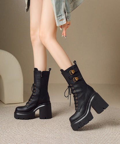 Black Boots Chunky Cowhide Leather Splicing Boots