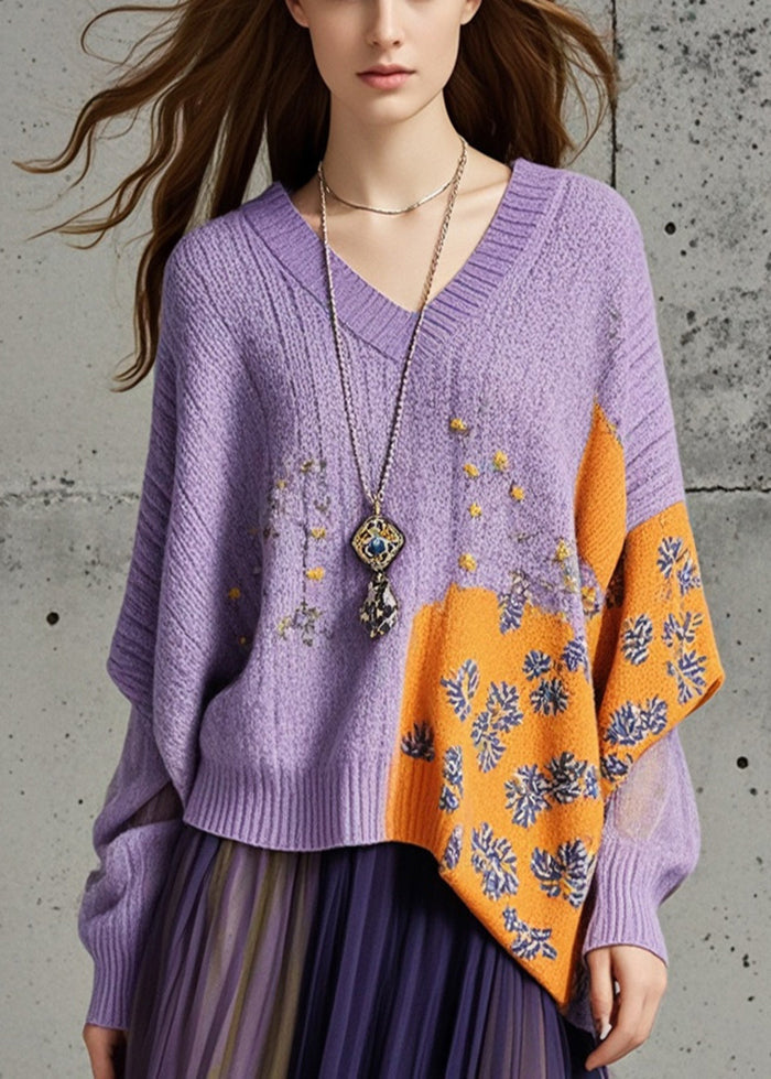 Purple Asymmetrical Print Knit Loose Sweater Fall