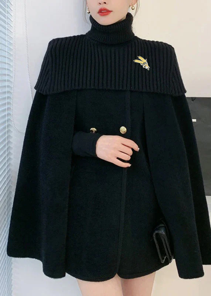 White O-neck Knit Patchwork Cape and Woolen Coats Two Piece Set Spring