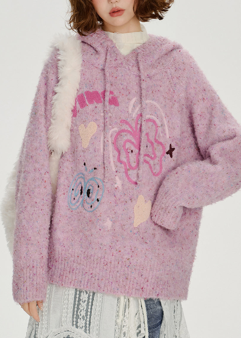 Light Purple Hooded Jacquard Knit Loose Sweatshirt Winter