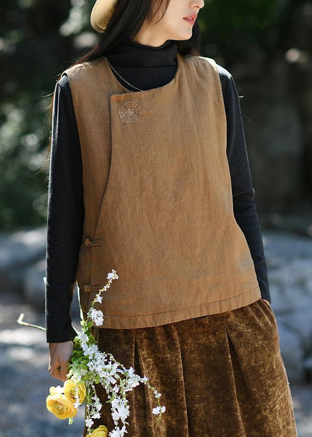 Yellow O Neck Fine Cotton Filled Linen Vest Sleeveless