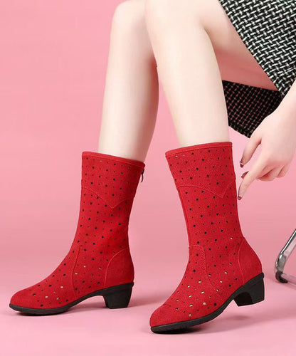 Splicing Chunky Boots Black Suede Hollow Out