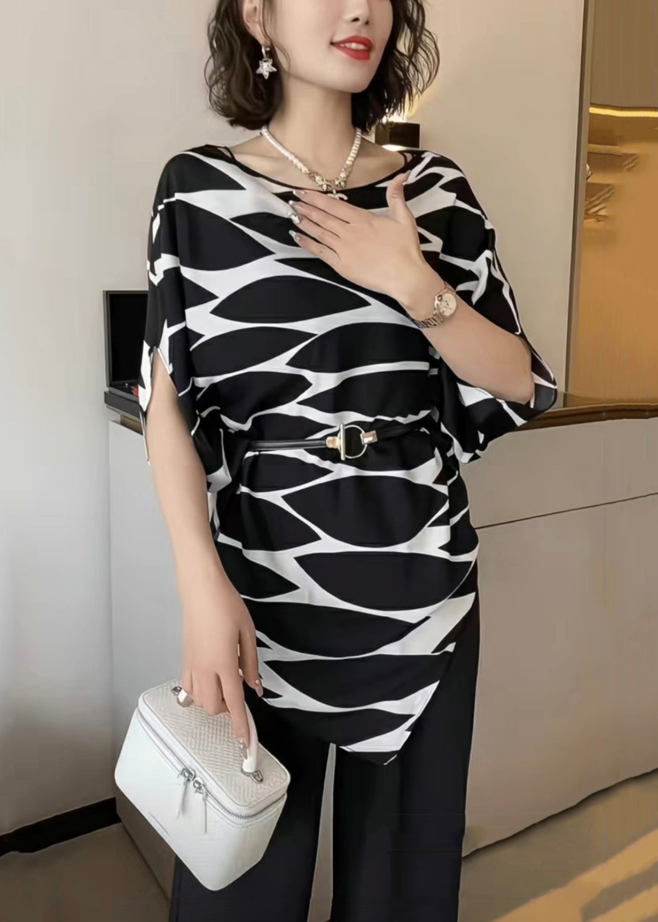 French Black Print Sashes Cotton Shirts Asymmetrical Batwing Sleeve