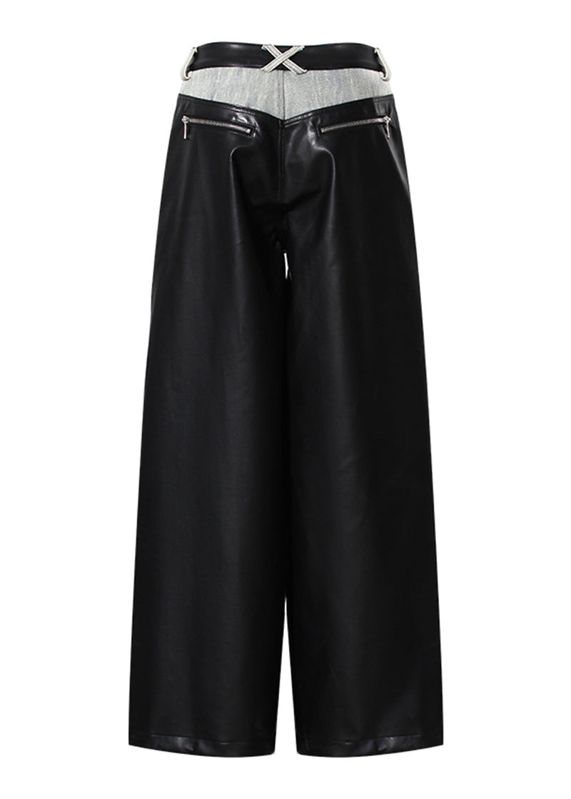 Pockets Faux Leather Patchwork Denim Wide Leg Pants Fall