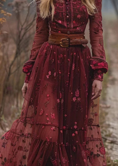 Loose Red Print Patchwork Exra Large Hem Tulle Dresses Fall