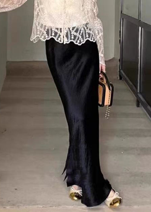 Boutique Black Side Open High Waist Silk Maxi Skirts Fall