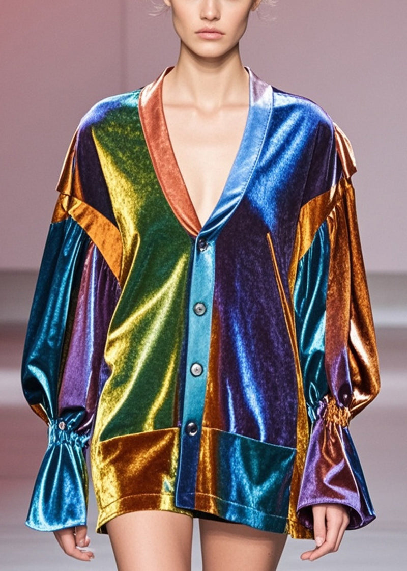 Multicolour V Neck Patchwork Silk Velvet Coats Fall