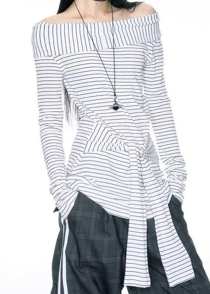 Art Slash Neck Striped Tie Waist Cotton T Shirts Summer