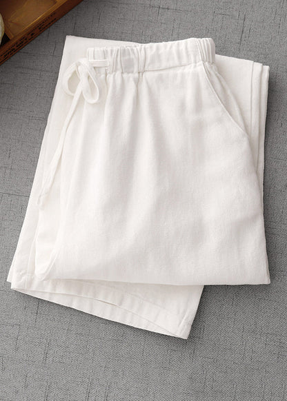 Simple White Pockets Elastic Waist Cotton Pants Summer