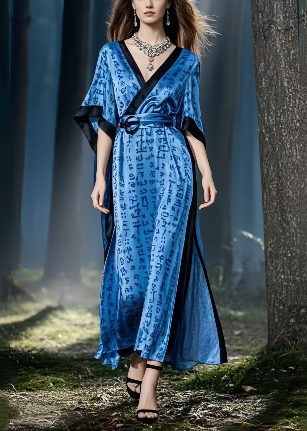 Navy Print Silk Vacation Dresses Cinched Side Open Summer