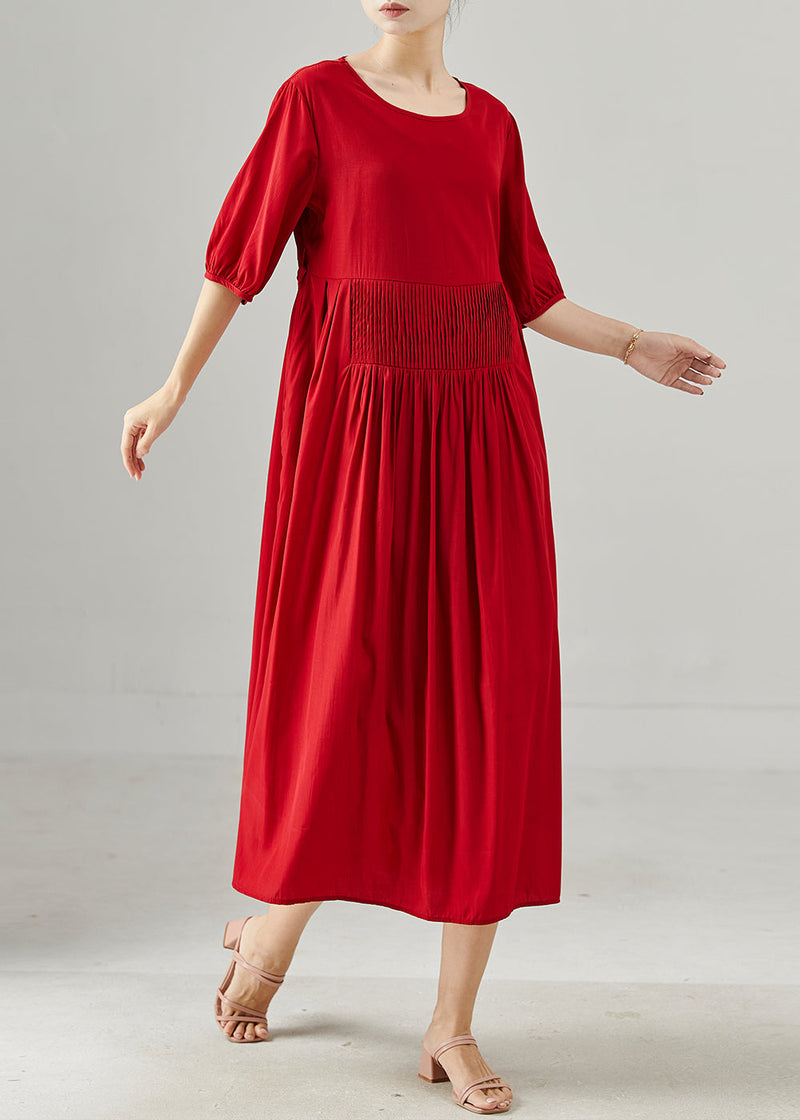 Red Oversized Wrinkled Cotton Dresses Half Sleeve