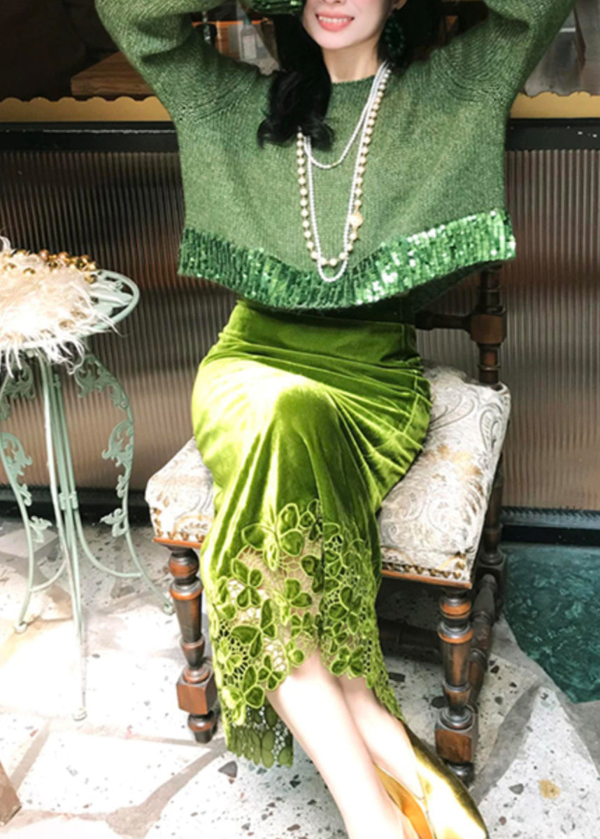 Green Hollow Out Cotton Knit Sweaters and Maxi Skirts Two Piece Set Winter