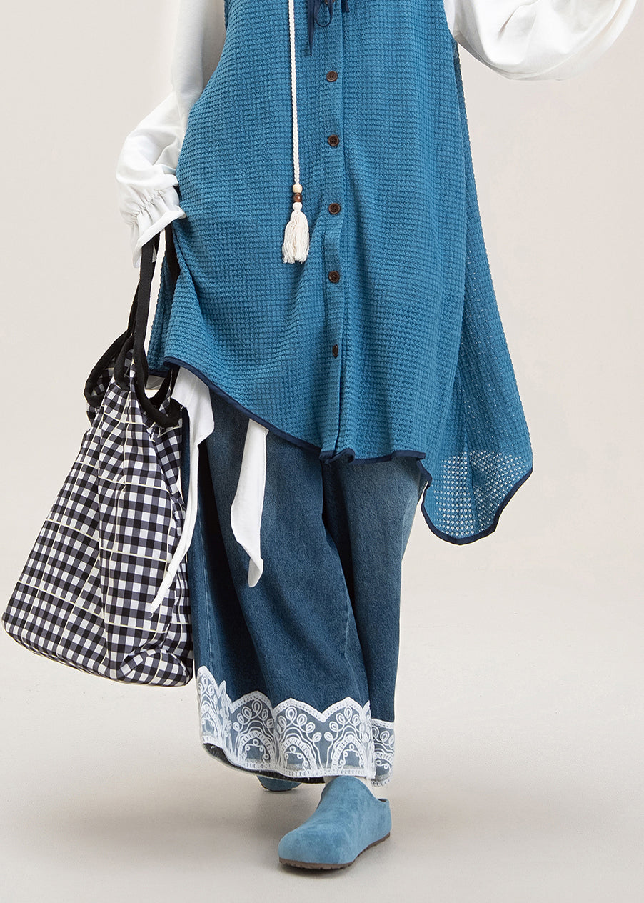 Blue Oversized Patchwork Lace Denim Wide Leg Pants Spring