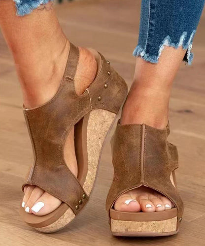 Brown Faux Leather Splicing Wedge Sandals Peep Toe Rivet