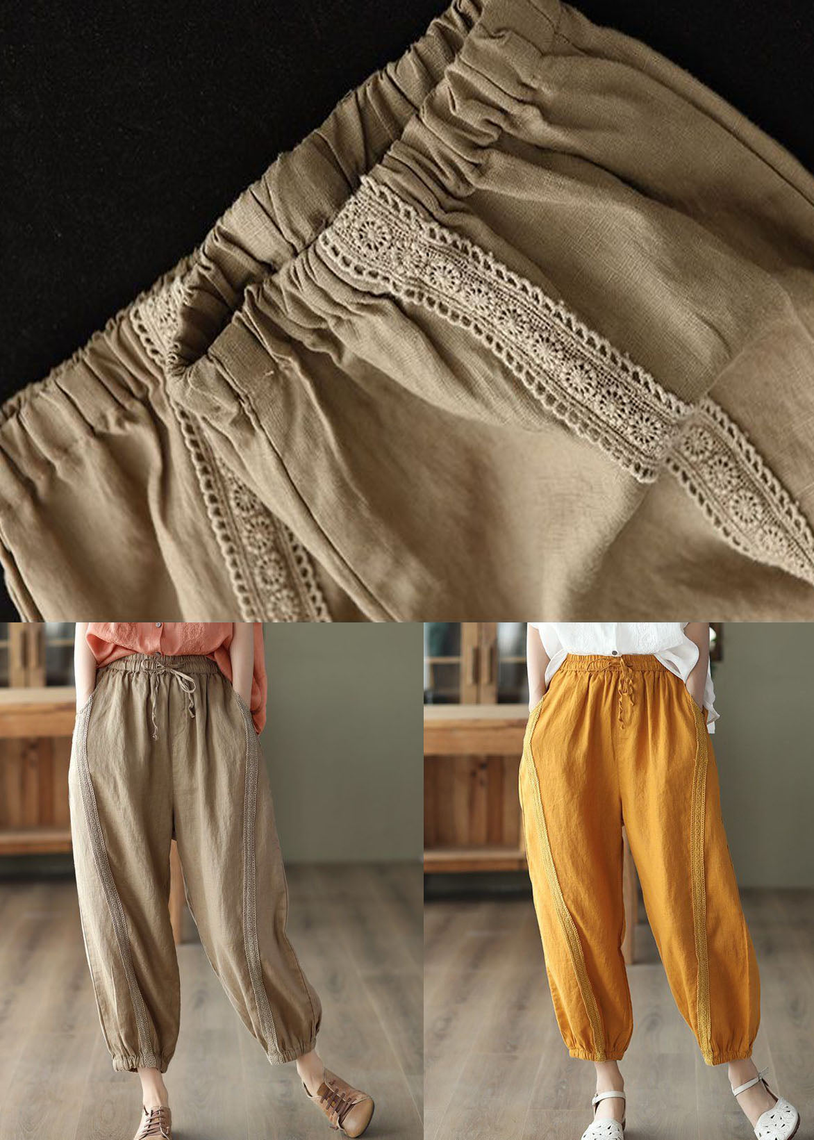 Yellow Pockets Patchwork Linen Harem Pants Summer