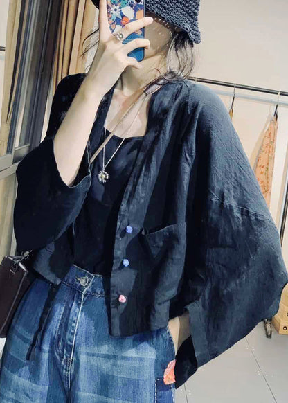 Black Low High Design Linen Coat V Neck Fall