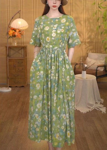 Grass Green Cinched Print Cotton Ankle Dress Summer
