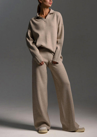 Modern Khaki Sweaters and Wide Leg Pants Knit Two-piece Set Winter