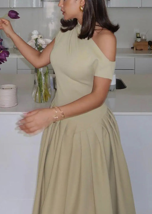 Simple Green Wrinkled Side Open Cotton Long Dress Summer