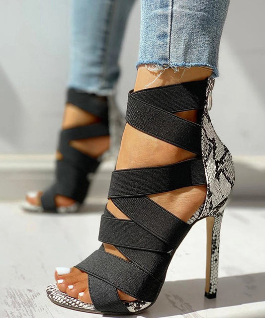 Black Elastic Fabric Splicing High Heel Sandals Peep Toe