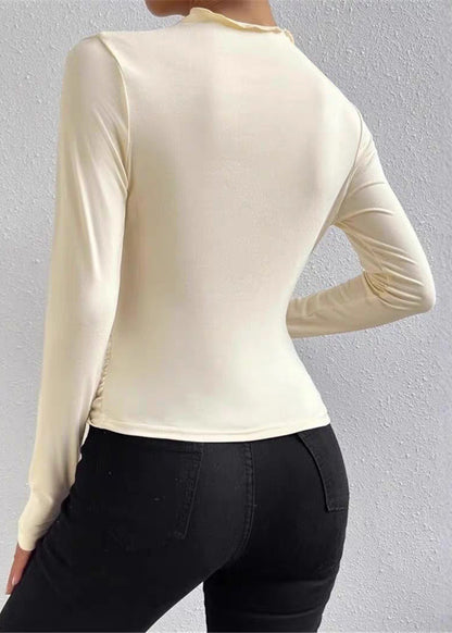 Slim Fit Beige Wrinkled Cotton T Shirts Spring