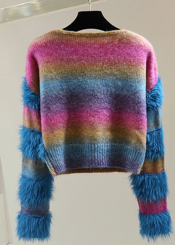 Gradient Color Blue O-neck Patchwork Nail Bead Cotton Knit Sweaters Winter
