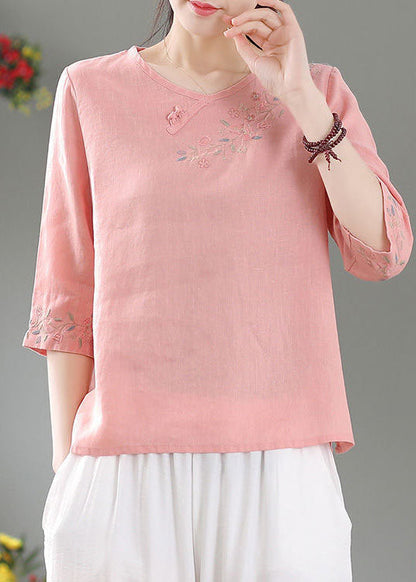 Modern Pink O-neck Side Open Linen Top Three Quarter Sleeve