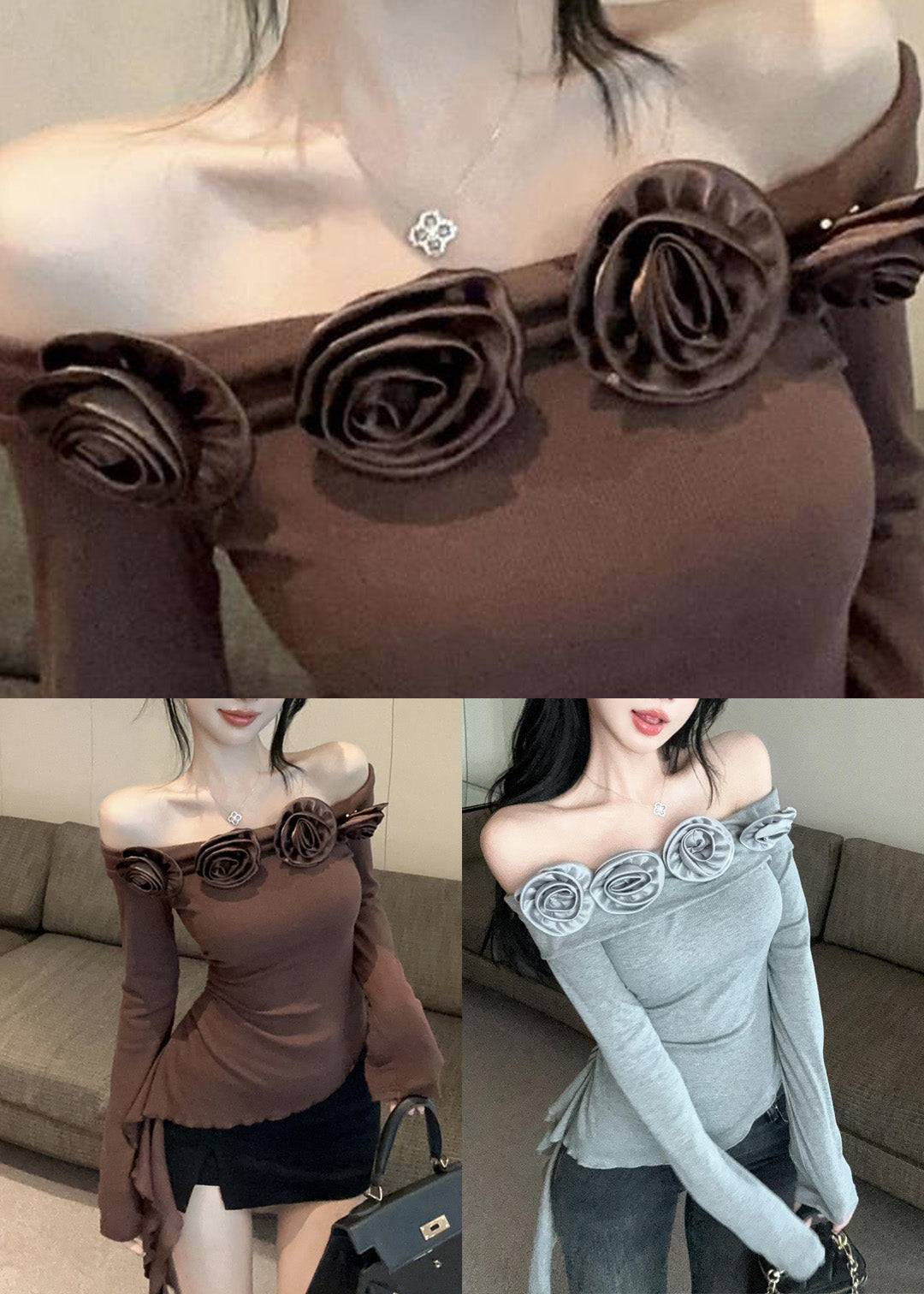 Grey Slash Neck Cold Shoulder Wrinkled Tops Long Sleeve