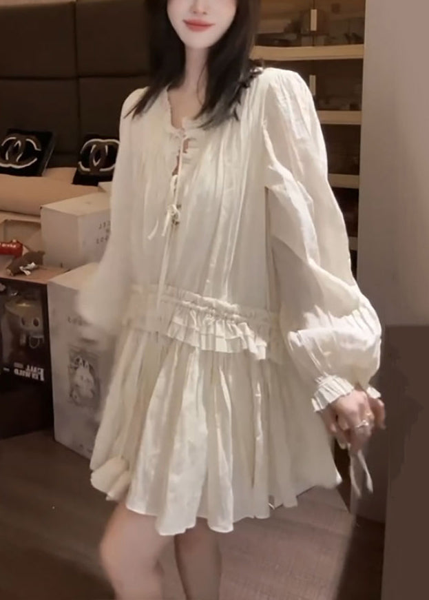 Stylish Apricot Ruffled Lace Up Chiffon Mini Dress Fall