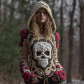 Women Halloween Pink Vintage Pink Fairy Rose Skull Complex Crochet Hooded Sweater artswardrobe