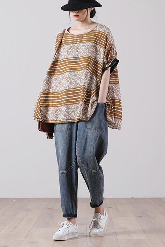 Leaf Stripes Color Patchwork Print T-shirt