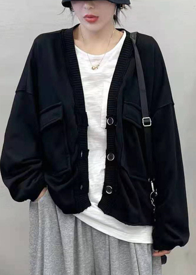 Grey Button V Neck Pockets Coats Spring
